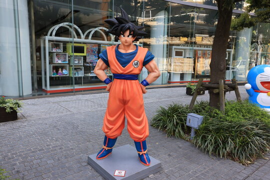 Tokyo, Japan - 3 May 2023: Bandai office and statue of Son Goku in Asakusa, Tokyo. Bandai company is one of big is a Japanese multinational toy manufacturer and distributor