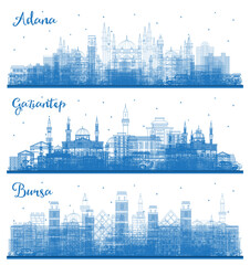 Outline Gaziantep, Bursa and Adana Turkey City Skyline Set with Blue Buildings.
