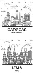 Outline Lima Peru and Caracas Venezuela City Skyline Set with Modern and Historic Buildings.