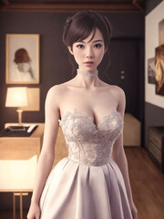 Fototapeta premium portrait of beautiful asian woman wearing dress at night, Generative AI