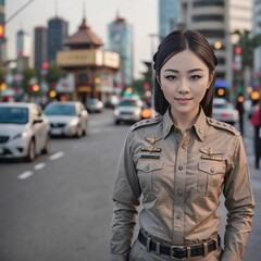 Fototapeta premium portrait of beautiful Thai asian police woman wearing uniform, Generative AI