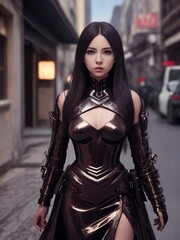 Naklejka premium portrait of beautiful asian woman wearing dress at night, Generative AI