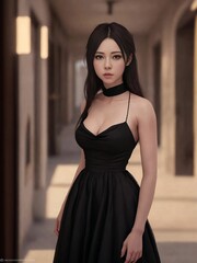 portrait of beautiful asian woman wearing dress at night, Generative AI