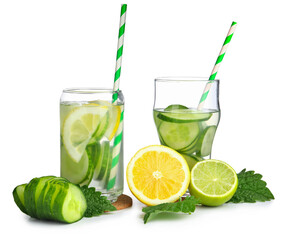 Glasses of infused water with cucumber slices on white background
