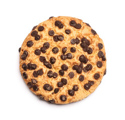 Tasty cookie with chocolate chips on white background