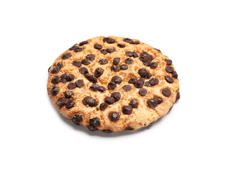 Tasty cookie with chocolate chips on white background