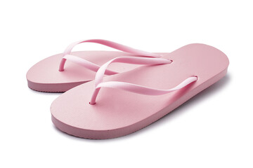 Pair of stylish pink flip-flops on white background