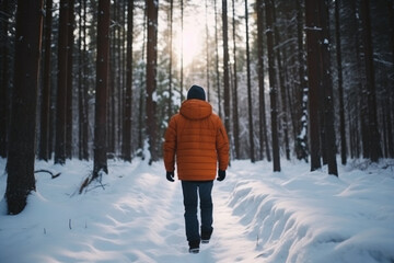 Fototapeta na wymiar rear view man Walk in winter forest