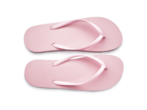 Pair of stylish pink flip-flops on white background