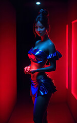 beautiful asian woman with mixed color blue and red light, Generative AI