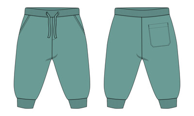 Sweatpants Fashion flat sketch vector illustration template For Kids. Apparel Clothing Design green color  Mock up Cad isolated on white background  © ClothingArtStudio 
