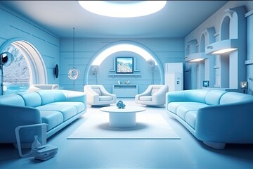 A professional and eye-catching light blue with white living room in the metaverse, futuristic aesthetic cinematic dramatic light on the back studio set