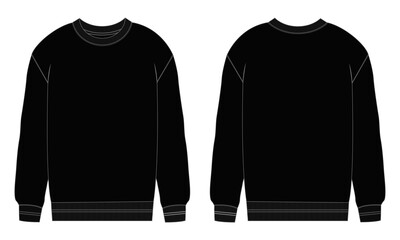 Long sleeve sweatshirt technical fashion flat sketch vector illustration Black Color template front and back views.