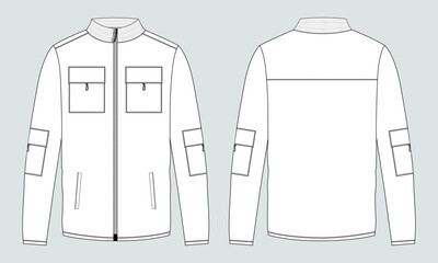 Long sleeve jacket with pocket and zipper technical fashion flat sketch vector illustration template front and back views. Fleece jersey sweatshirt jacket for men's and boys.