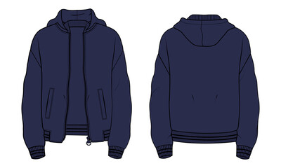 Navy color Hoodie. Technical fashion flat sketch Vector template. Cotton fleece fabric Apparel hooded with zipper sweatshirt illustration black color mock up Front, back views. 