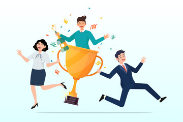 Businessman and businesswoman partner celebrate winning victory trophy, team success, partnership, teamwork to win business competition, winner or achievement, cooperation or business concept (Vector)