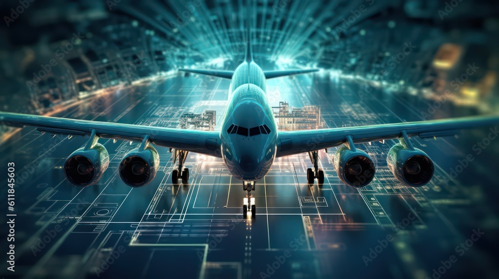 Poster ai generated 3d image of airplane hologram in blurred background with hud elements.