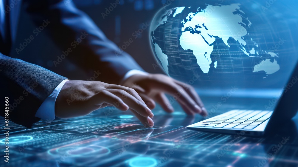 Poster businessman typing on digital screen keyboard with a global network technology background. ai genera