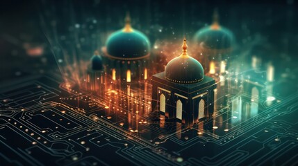 Fototapeta na wymiar Illustration of mosque with glowing lights on a twilight background. 3d AI generated image