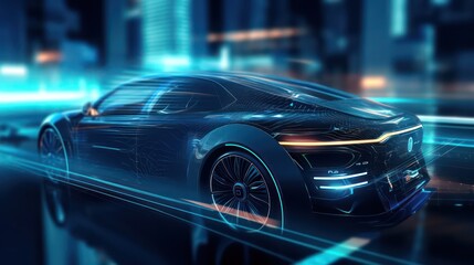 Obraz na płótnie Canvas AI Generating picture of a futuristic electric black car with a holographic wireframe digital technology background. 