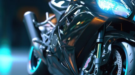 AI Generating picture of a futuristic electric black motorbike with the holographic digital technology background.
