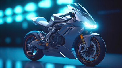 AI Generating picture of a futuristic electric black motorbike with the holographic digital technology background.