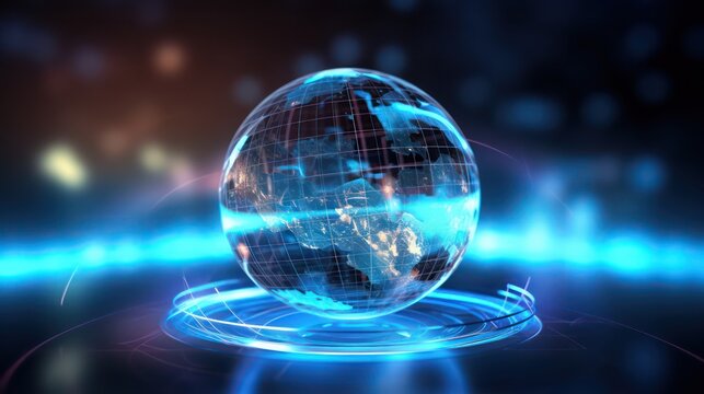 AI generated 3d image of world model with a global network light field hologram technology background. 