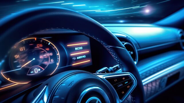 AI Generating picture of a futuristic modern electric car speedometer dashboard interior view with a holographic wireframe digital technology background