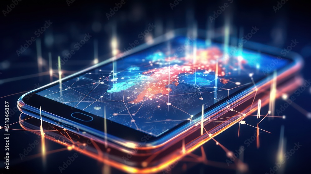 Aufkleber smartphone with a glowing global network connection concept and hologram blurred background. ai gene