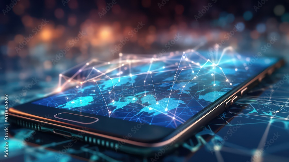 Aufkleber smartphone with a glowing global network connection concept and hologram blurred background. ai gene