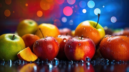 AI generated 3d image of a apples on the abstract light bokeh blurred background.