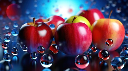 AI generated 3d image of a apples with water drop on the abstract light bokeh blurred background.
