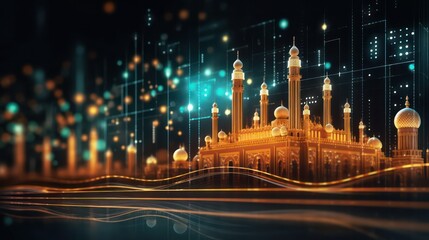 Fototapeta na wymiar Illustration of mosque cityscape at night with glowing lights on a twilight background. 3d AI generated image.