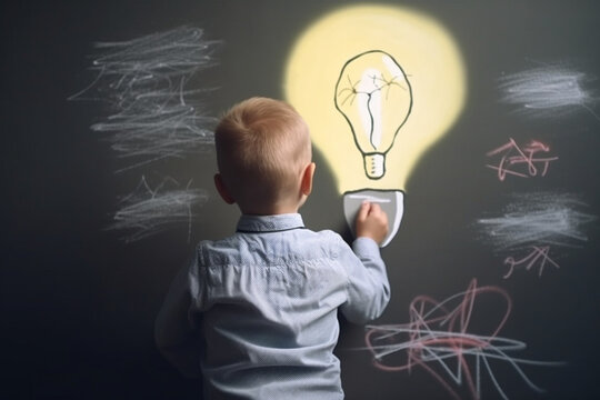 rear view of Boy draws with a brush a big light bulb, Concept of innovation and creativity
