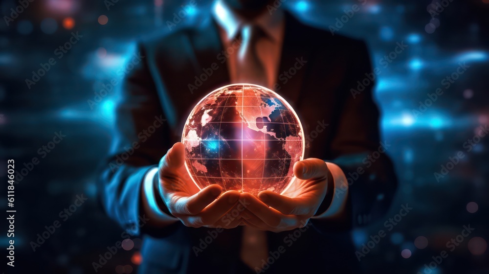 Poster ai generated 3d image of the businessman's hand holding a digital globe hologram on a world network 