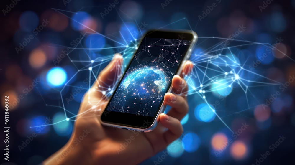 Aufkleber smartphone with a global hologram network connection with light bokeh blurred background. ai generat