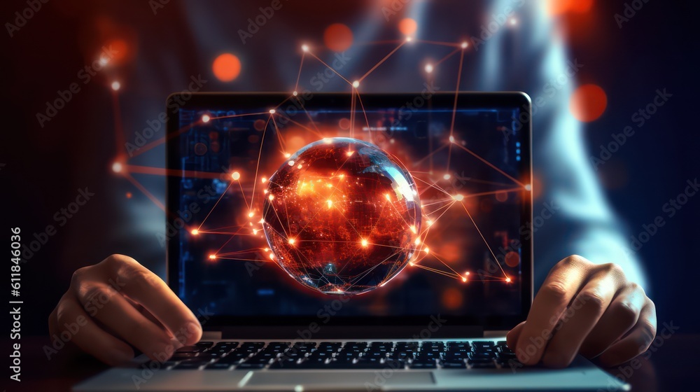 Aufkleber smartphone with a glowing global network connection concept and hologram blurred background. ai gene