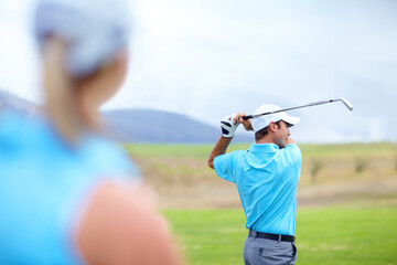 Drive, man or golfer playing golf for fitness, workout or exercise to swing or drive on green...