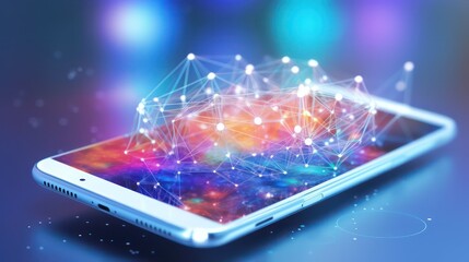 Smartphone with a global hologram network connection with light bokeh blurred background. AI generated 3d image
