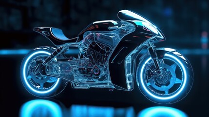 Generating AI illustration of a futuristic motorbike with the abstract digital technology background.