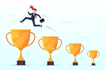 Confident businessman jumping from small win trophy to get bigger one, achievement to motivate to achieve bigger goal, strategy or inspiration to success, victory or win award concept (Vector)