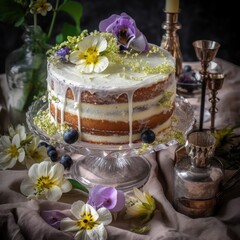 Obraz na płótnie Canvas A delicate elderflower cake can be beautifully decorated with fresh elderflowers