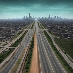 Fototapeta na wymiar post apocalyptic city with highway, generative art by A.I.