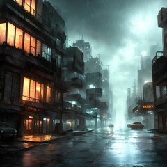 post apocalyptic city at raining night, generative art by A.I.