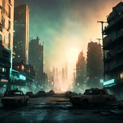 post Apocalypse city at night, generative art by A.I.