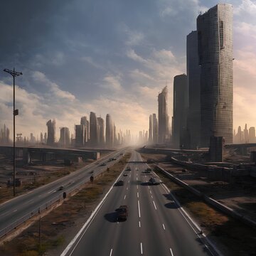 post apocalyptic city with highway, generative art by A.I.