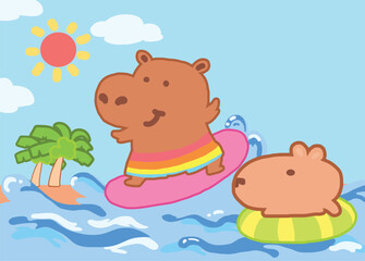 hippopotamus and capybara on the beach.
