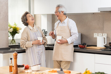 Cheerful senior couple cooking in kitchen