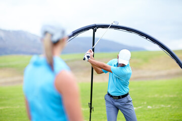 Ring, drive or beginner golfer in golf course lesson for fitness, workout or exercise to learn to swing. Coaching, golfing or male athlete training with instructor for driving with a club stroke