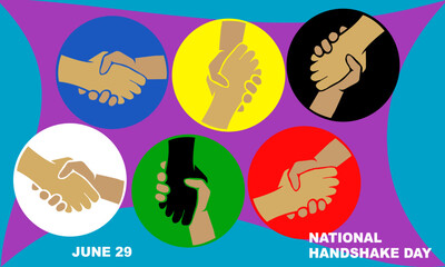 shaking hands in colorful circles in various positions and bold text commemorating National Handshake Day

